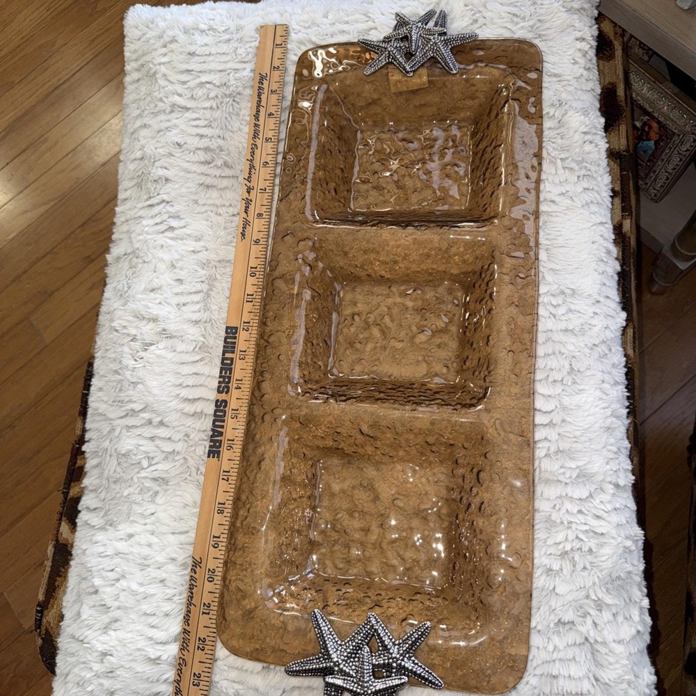 Mud Pie Starfish Amber Glass 3‎  Section/bowl Serving Tray 21"x9" NWT 2010